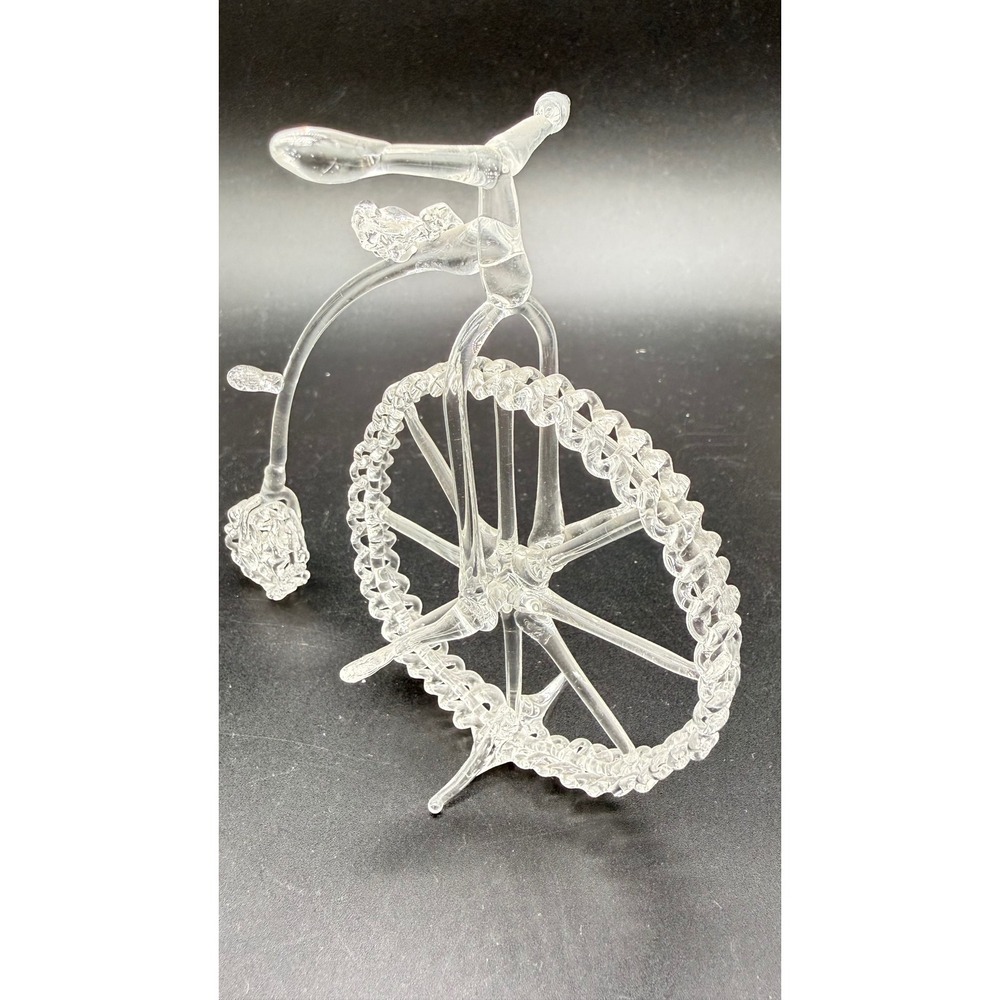 Handcrafted Spun Glass Bicycle Figurine Clear Penny Farthing Sculpture Art